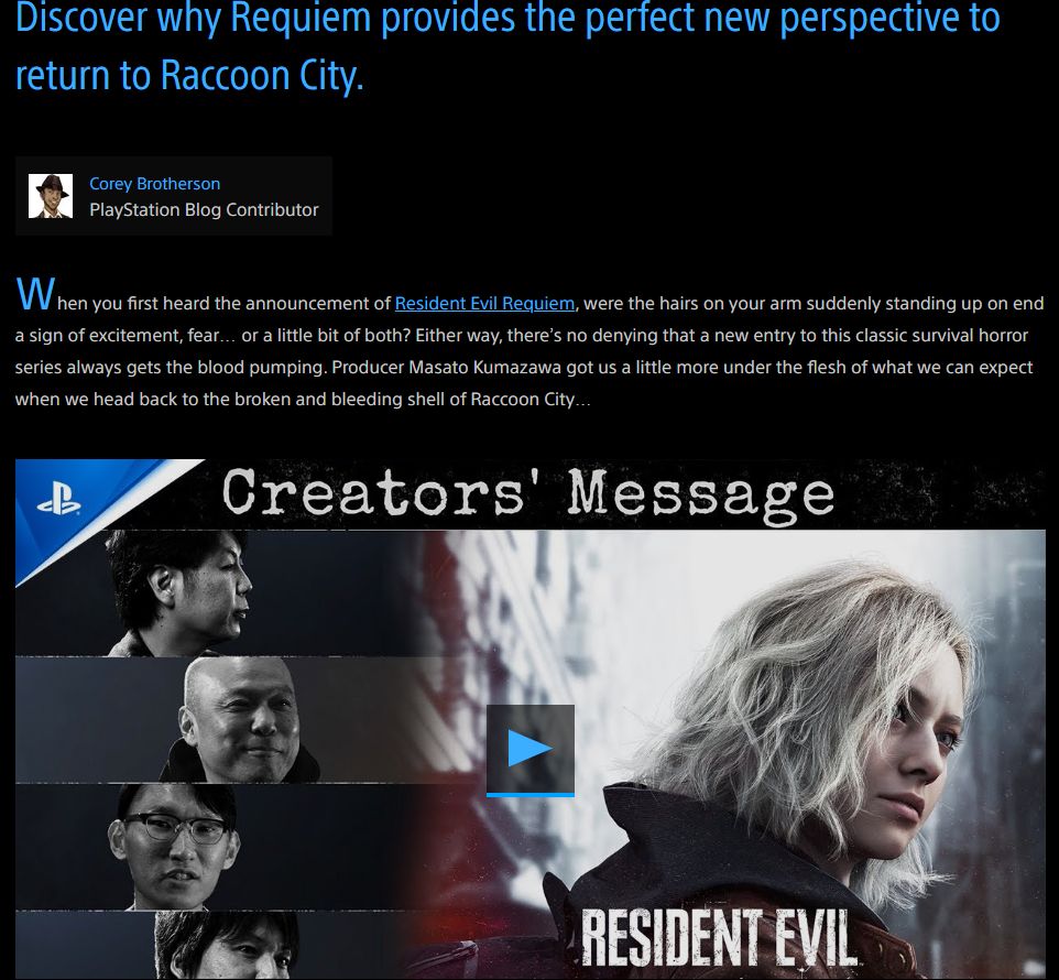 A screengrab from my most PlayStation Blog post on Resident Evil Requiem, with the subheader: Discover why Requiem provides the perfect new perspective to return to Raccoon City.