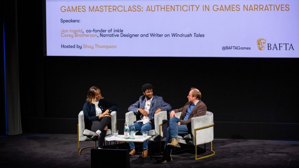 On stage at the BAFTA masterclass from 2023 with presenter and journalist Shay Thompson and Inkle co-founder and narrative director Jon Ingold, talking about creating authentic narratives in games. 