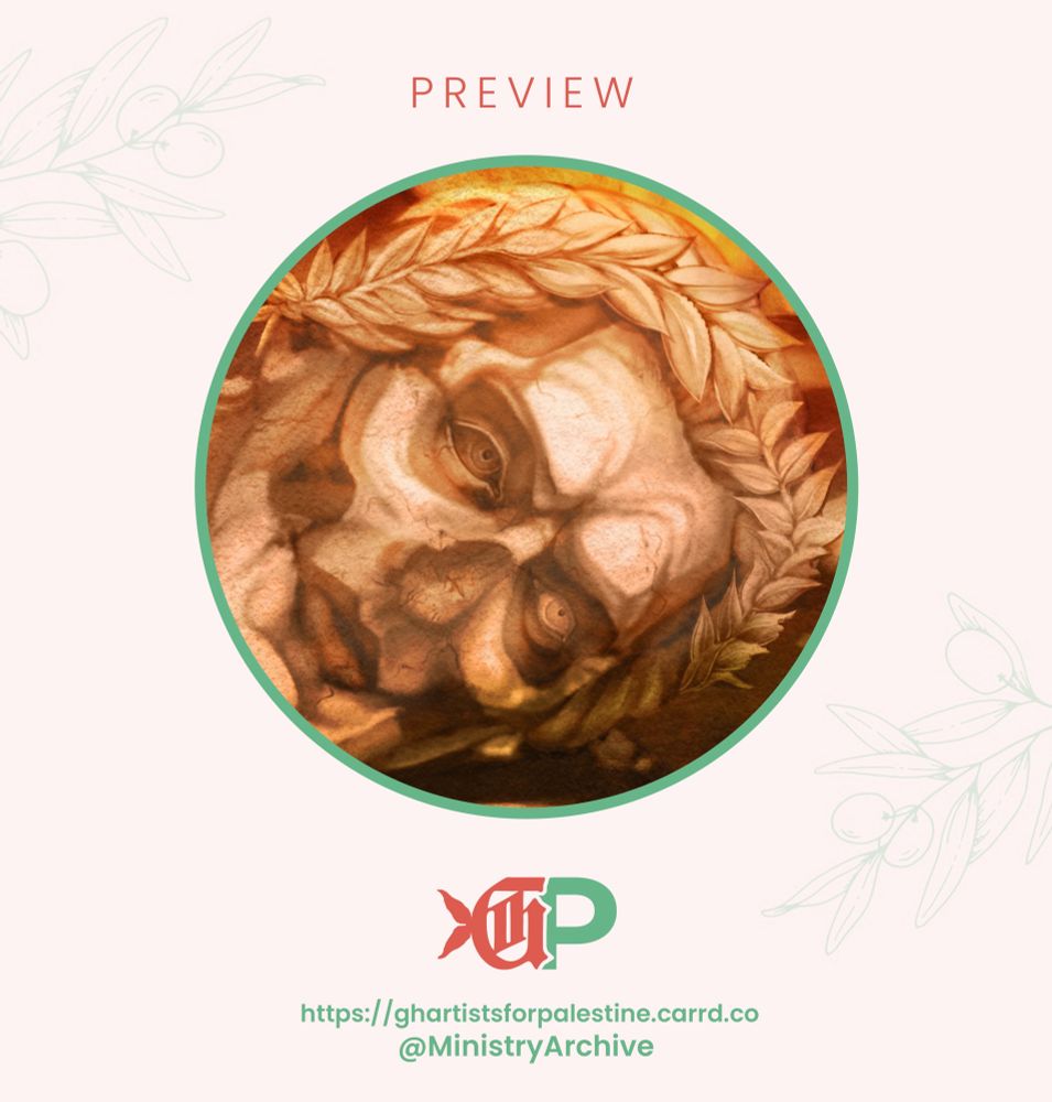 An illustration preview on an off-white background. The preview is focused within a circle in the middle of the image and depicts a marbled Papa Emeritus IV. Illustration utilizes various warm tones such as reddish and orange hues.