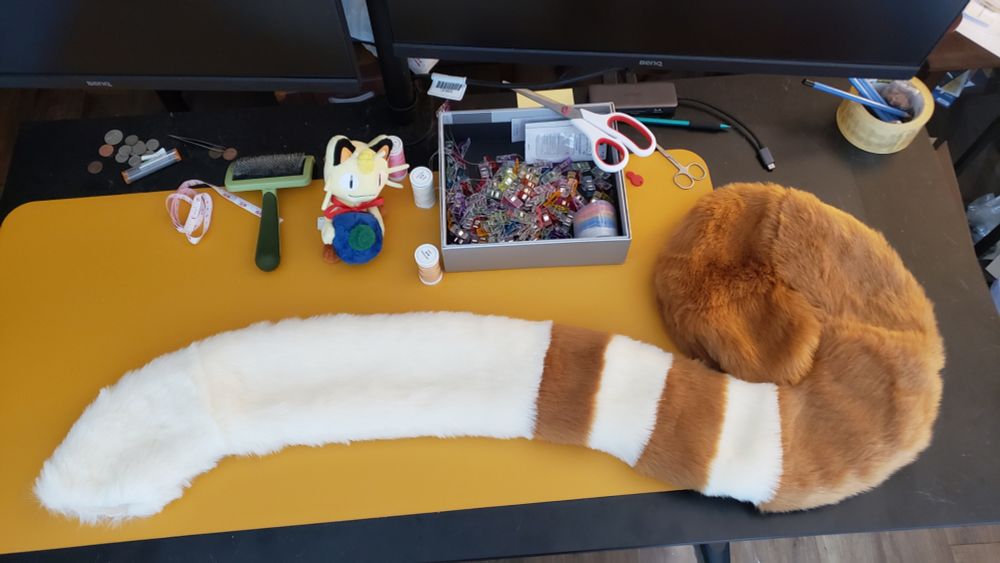 The fursuit tail for Wren the Meowth sewn together and ready for stuffing.