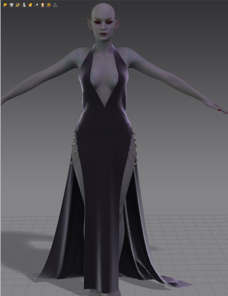 a WIP 3D model of a Dunmer ("Dark Elf") woman in an evening dress.