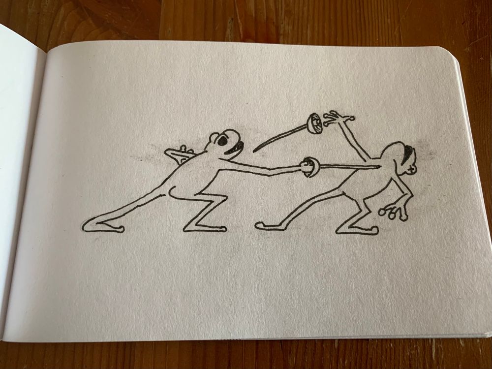 Drawing of one frog killing another in a fencing duel