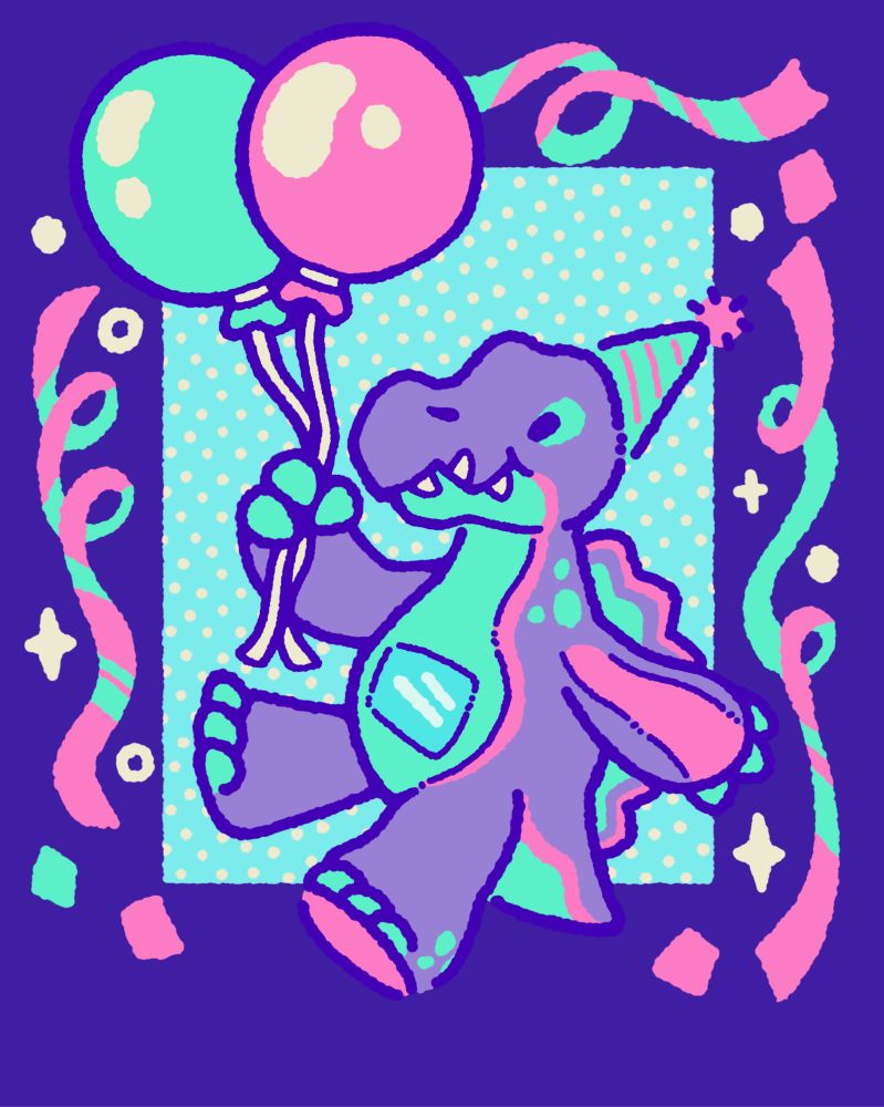 Digital illustration of Rawrcade plush series' Spinosaurus character floating with balloons. Strings of confetti are falling next to them. 