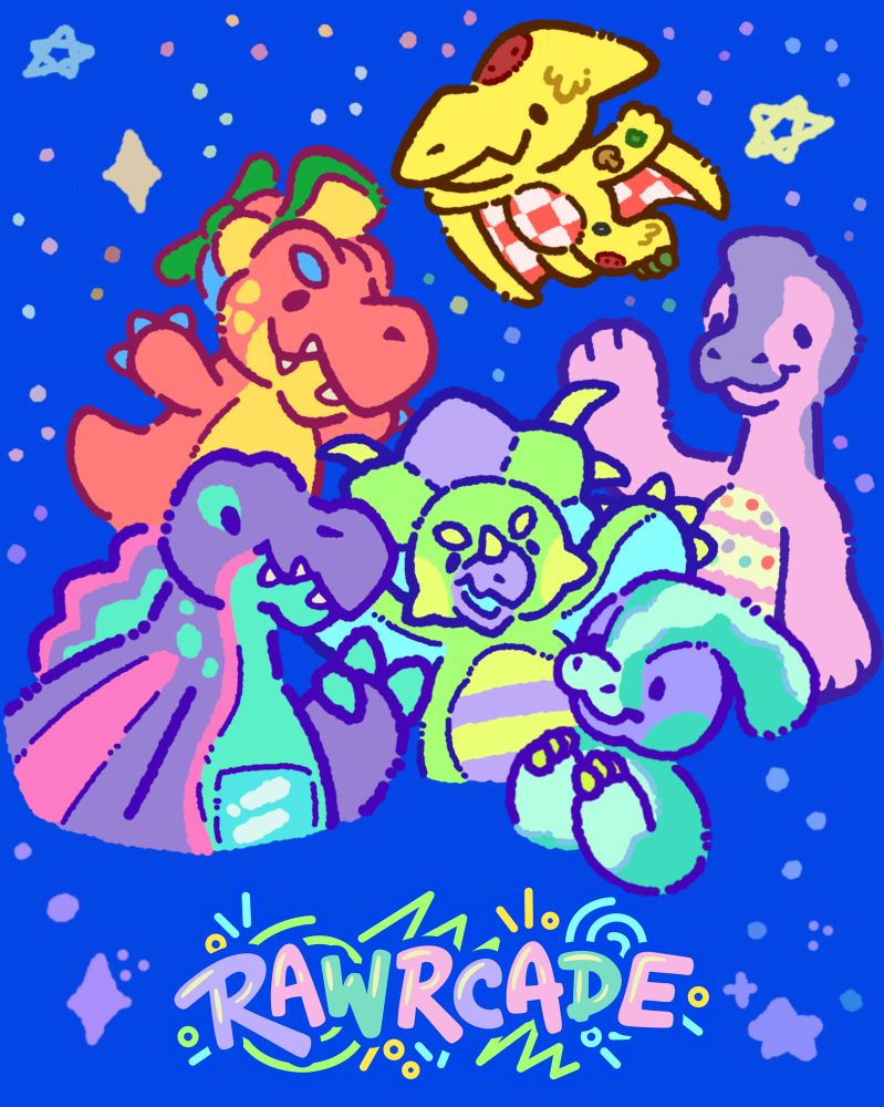 Digital drawing of all Rawrcade plush series characters! They’re all smiling, waving, and clapping! There are sparkles in the background, the logo is at the bottom, and the background is blue. 