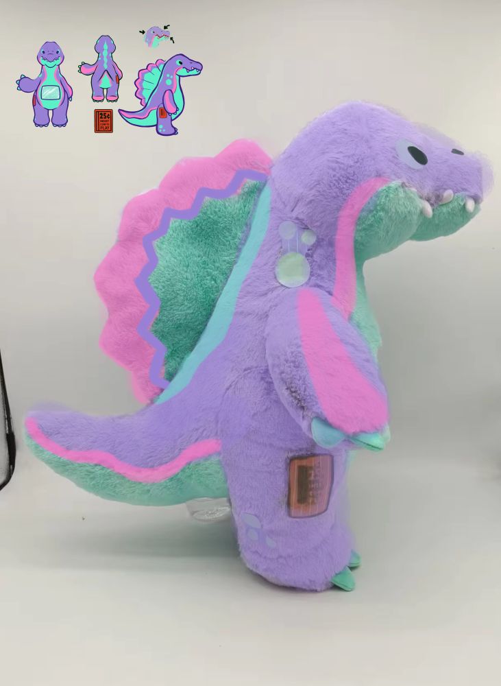 Photo of a spinosaurus plushie, Byte from Rawrcade. Their colors have been altered 