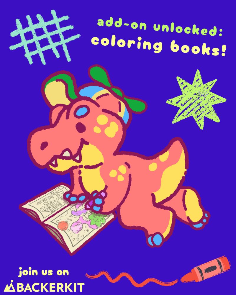digital photo advertising Rawrcade coloring books on BackerKit. There is an illustration of a red t-rex coloring, he is wearing a spinning hat. The background is blue. There's a green star and a red crayon doodle on the background. 