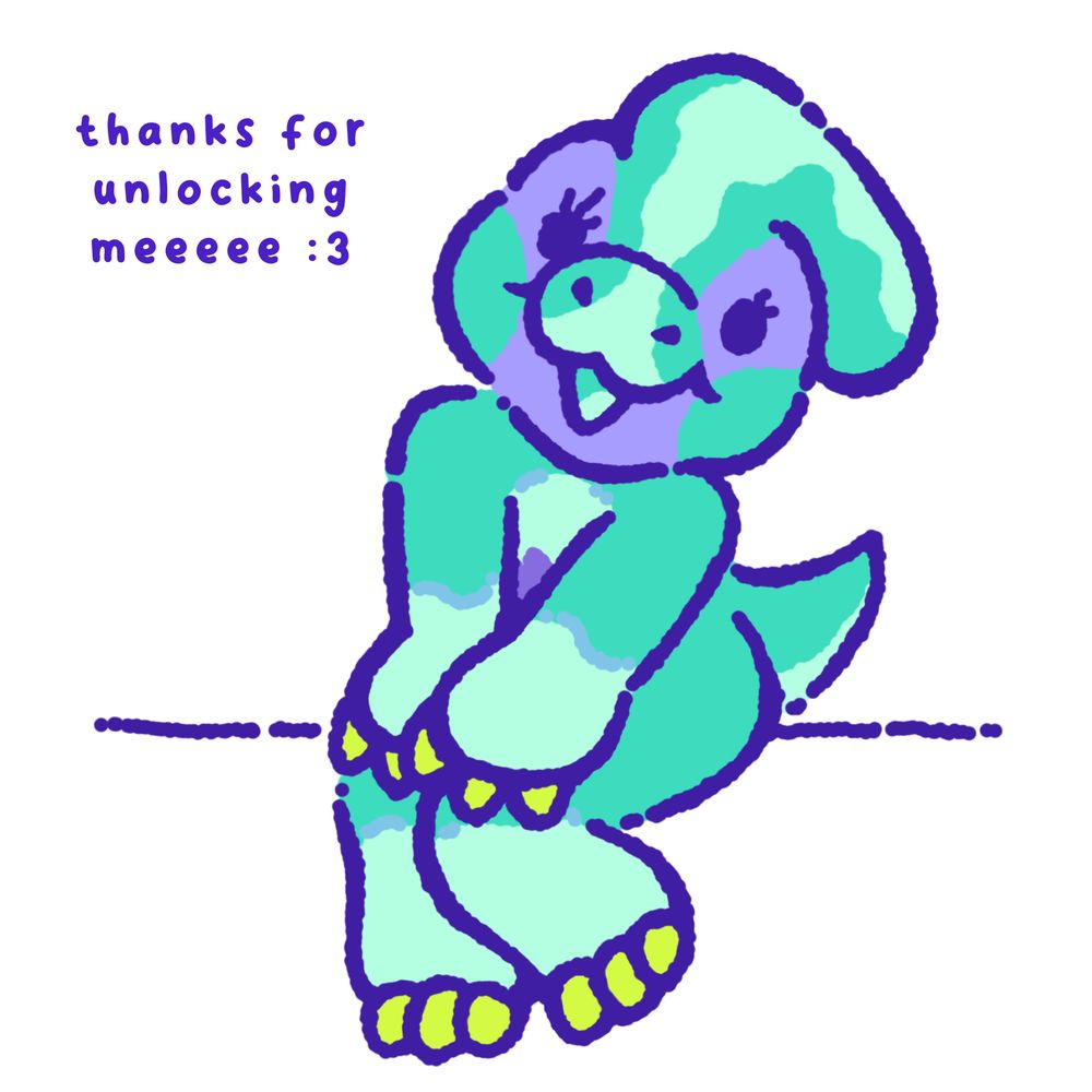 Digital drawing of Rawrcade plush series' Fizz the parasaurolophus, sitting so cute like that one meme where the person is sitting with their eyes wide open, cross legged. Idk what you would refer to it as, but it's a reference to a silly bashful meme pose. Text says, "thanks for unlocking meeeee :3"