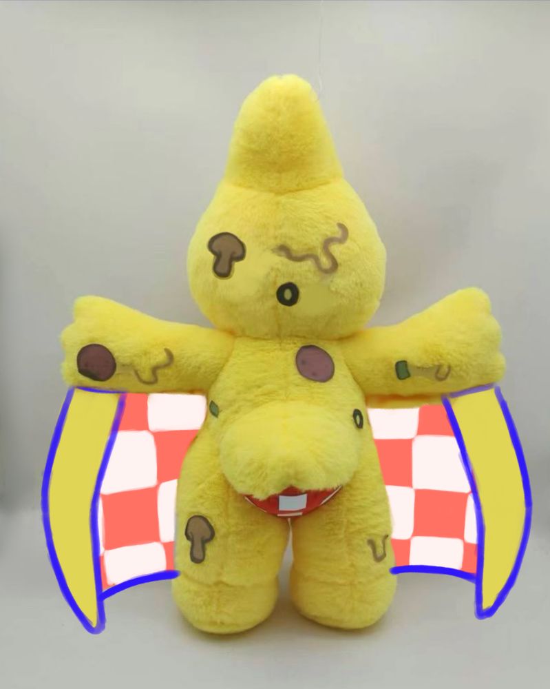 Photo of Rawrcade plush series Pete the pizza pteranodon plushie, backside. With minor digitally added corrections 