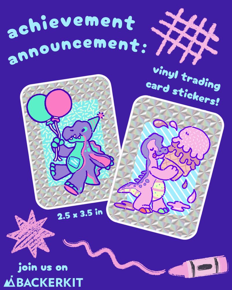 Digital photo announcing an achievement for Rawrcade on BackerKit. Purple background with pink doodles. Images in the center are sample holographic stickers. Both stickers feature characters from Rawrcade. A spinosaurus floating with balloons, and a giraffatitan eating ice cream!