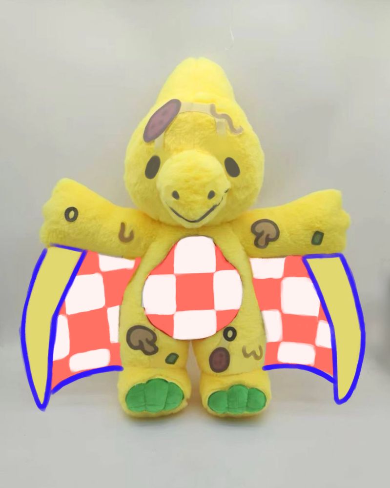 Photo of Rawrcade plush series Pete the pizza pteranodon plushie, forward facing. With minor digitally drawn-on corrections. 