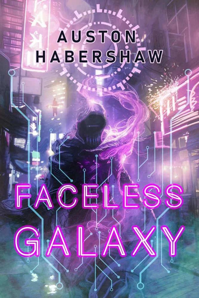 The cover of the science fiction short story collection Faceless Galaxy by Auston Habershaw. It features a mysterious figure approaching the viewer down a dark alley on an alien world. 