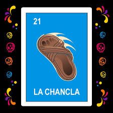 Image of a large brown Chancla sandal on a blue background. There are white motion lines indicating it has been thrown. The background is matted by a black border decorated with brightly colored skulls and corner decorations. 