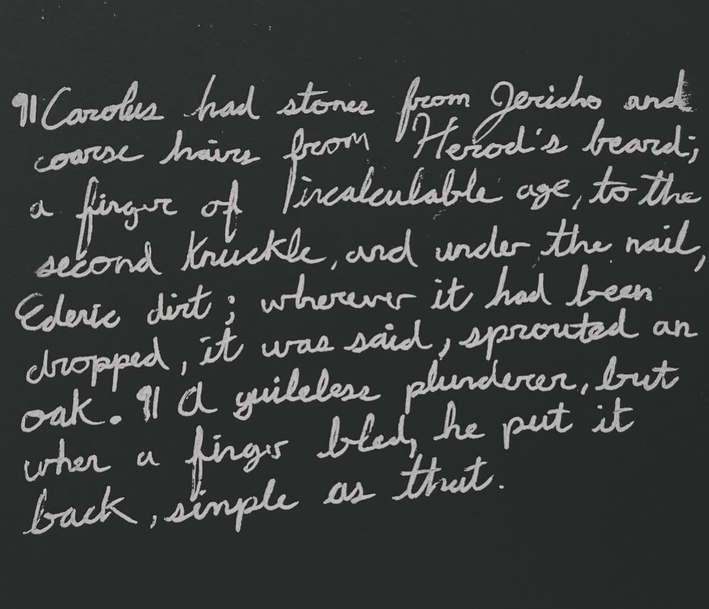 Black background, white foreground text in handwritten script reading:

Carolus had stones from Jericho and coarse hairs from Herod's beard; a finger of incalculable age, to the second knuckle, and under the nail, Ederic dirt; wherever it had been dropped, it was said, sprouted an oak. A guileless plunderer, but when a finger bled, he put it back, simple s that.