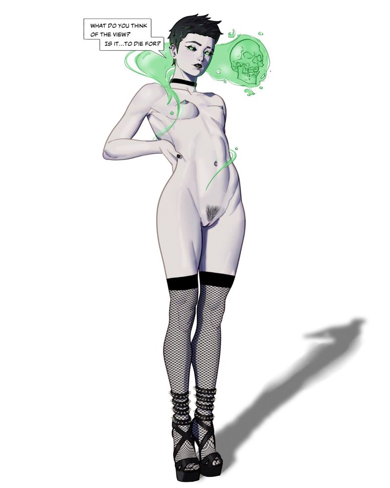 Dee wearing nothing but a choker and high heels. She has a green ethereal skull circling her. She's saying, "What do you think of the view? Is it...to die for?"