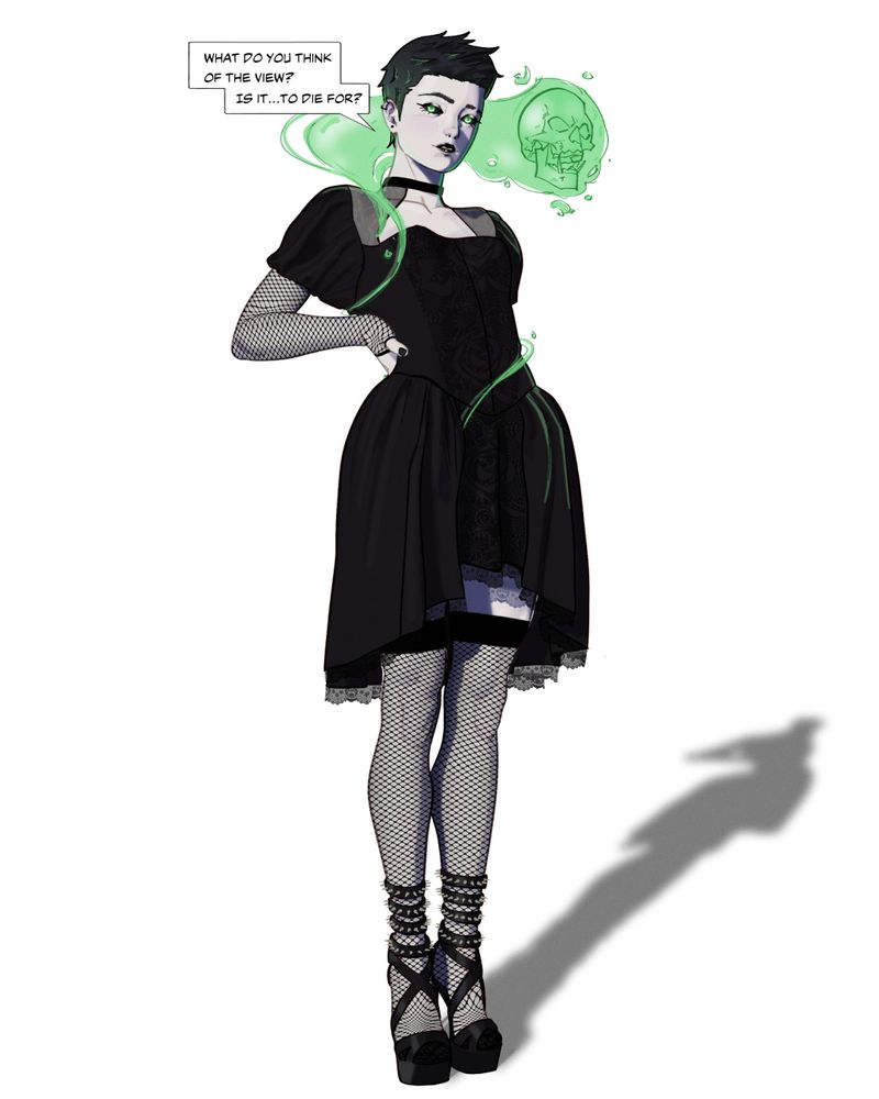 Dee wearing a black dress and heels. She also has fishnets on her legs and arms. She has a green ethereal skull circling her. She's saying, "What do you think of the view? Is it...to die for?"