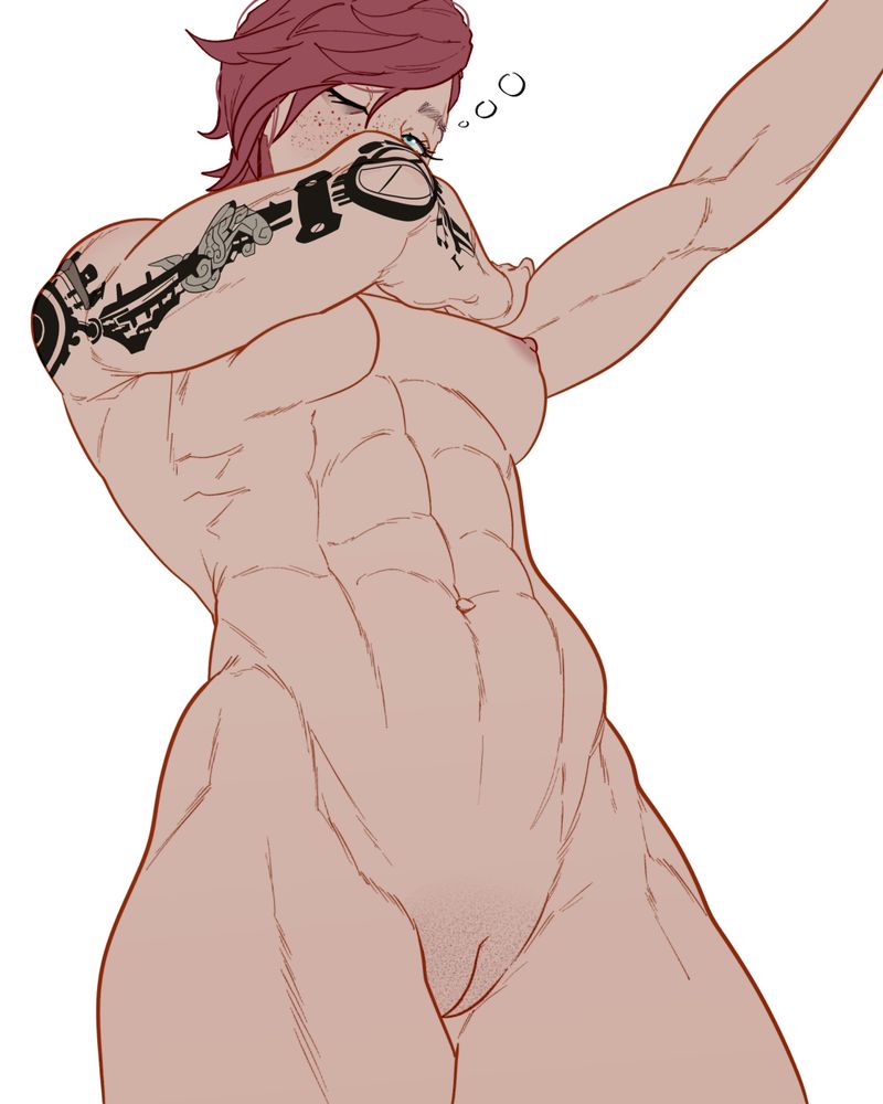 Vi naked and stretching.