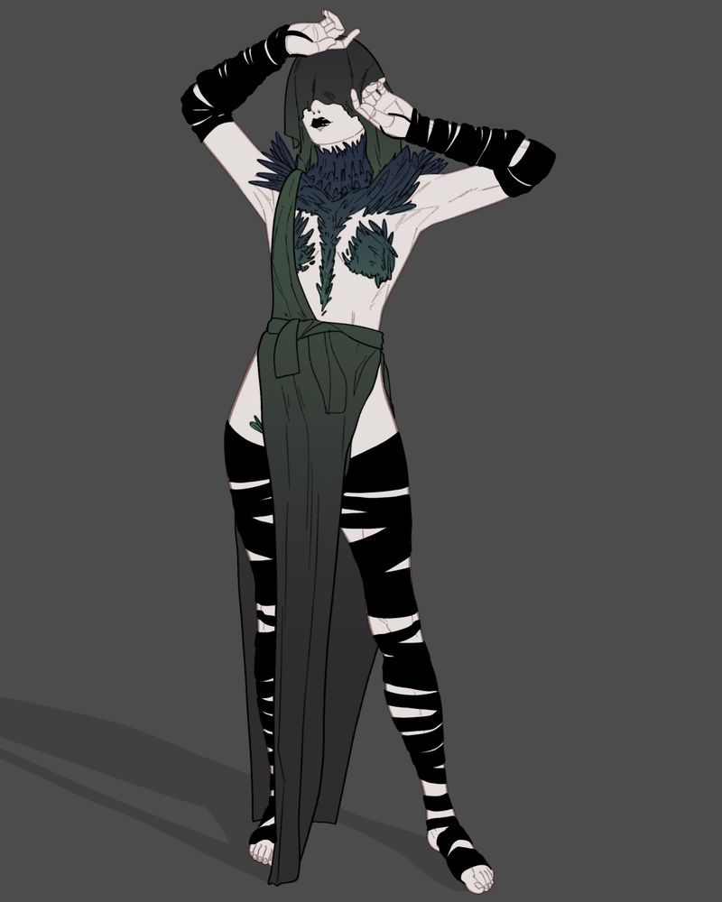 Full-body art of Dee. Feathers are covering her shoulders, neck, and breasts. She's wearing a hood at coveres the top half of her head. Her arms and legs are wrapped up in black badnages.