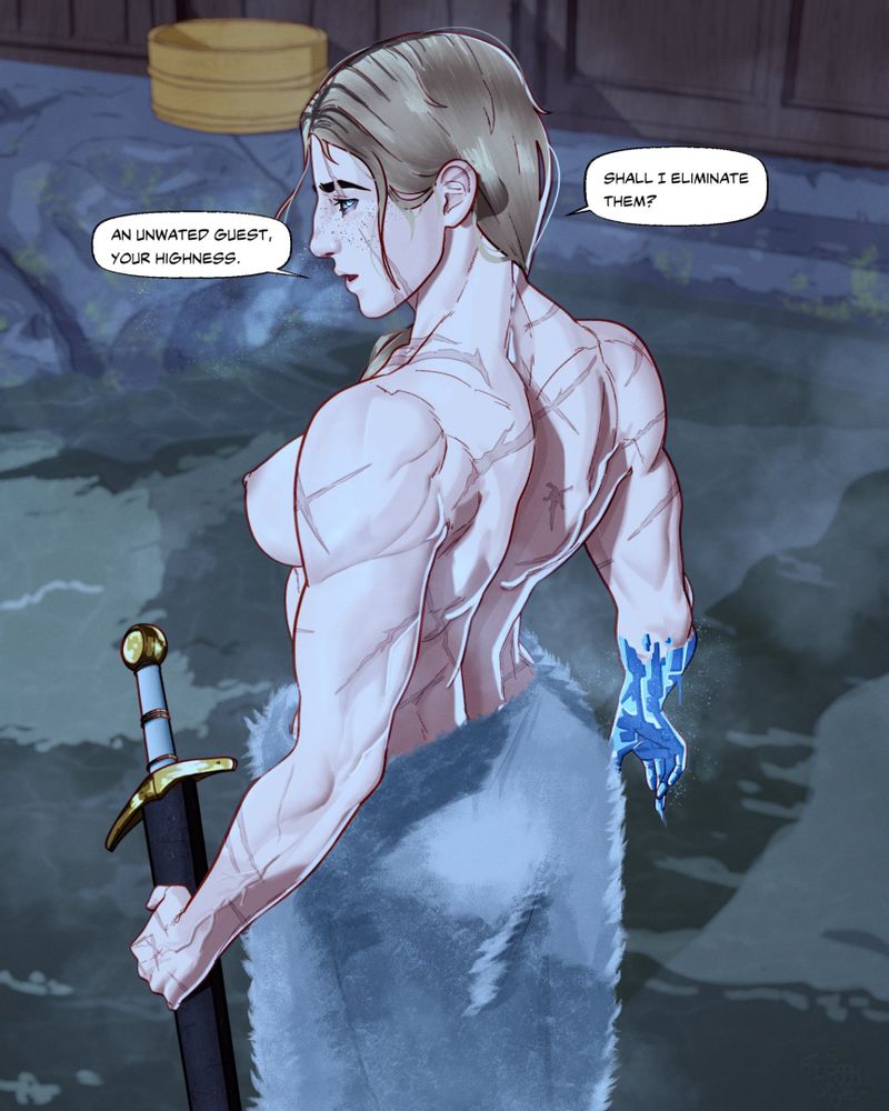 My OC, Aurora, using her magic in an onsen. She's wearing a towel, but she's topless. She's holding her sword in her left hand and her right hand is icy. She's saying, "An unwanted guest, your Highness. Shall I eliminate them?"