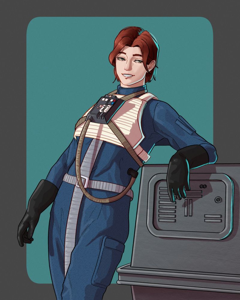 A woman in a rebel flight suit from Star Wars. It's blue and she's leaning against a power droid.