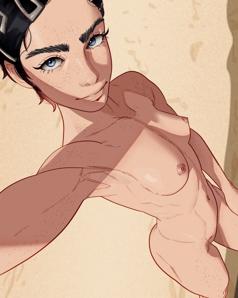 Clove from Valorant taking a selfie on the beach. They're naked.