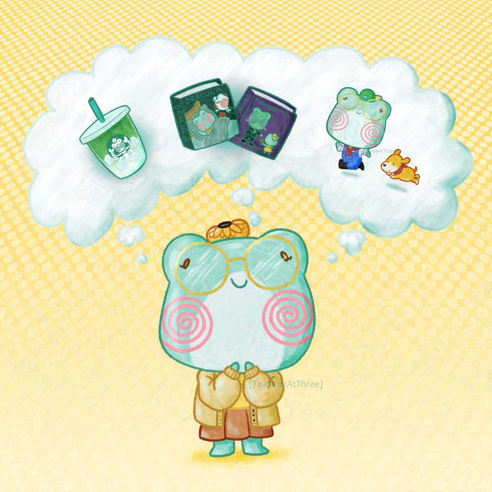 Chibi drawing of Laureliere's frogsona, Flora. She is a green frog wearing a yellow outfit with big glasses and a hat. Here she is depicted thinking about a few things, including an iced matcha latte (with a frogified Starbucks logo), books (Dracula and Frankenstein where the characters on the covers are replaced with frogs), and playing Harvest Moon (with the farmer being a frog in overalls and accompanied by the floppy eared dog).