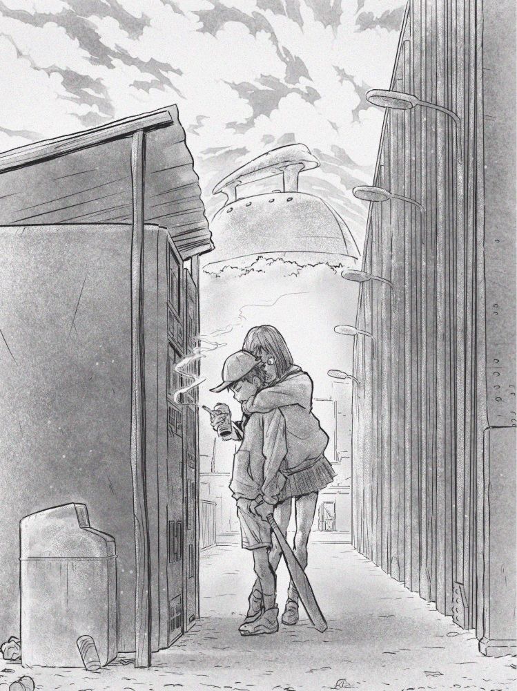 Fanart of FLCL: Mamimi hugging Naota while holding a drink and a cigarette. In the background, a smoothing iron-shaped building looms over a hill.
