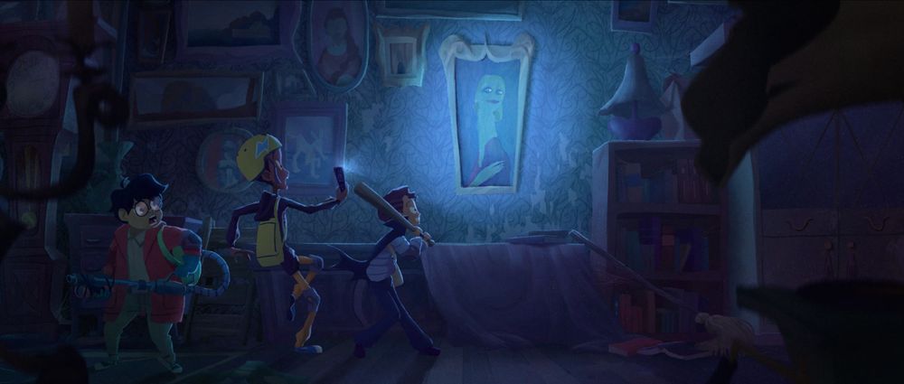 three kids exploring a dark room full of paintings and vintage furniture