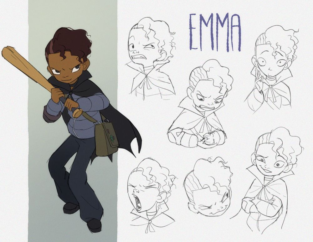 a character design of a young teenager holding a bat, with a dracula cape + some of her expressions and poses.