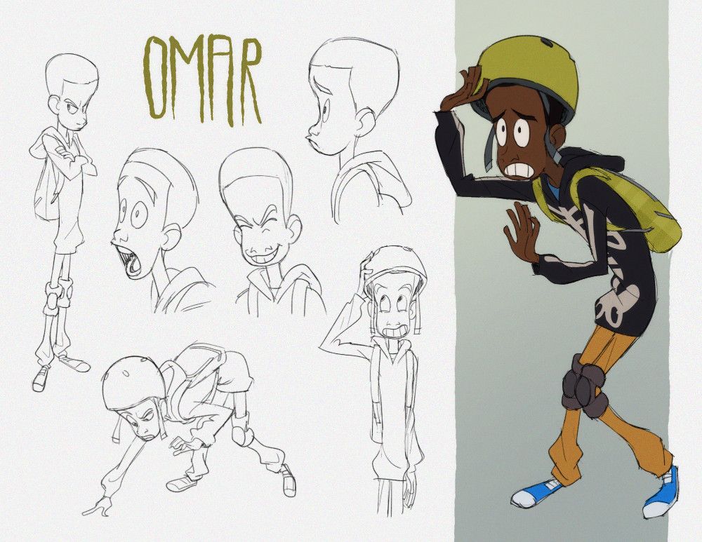a character design of a young teenager wearing a bike helmet and a skeleton hoodie + some of his expressions and poses.
