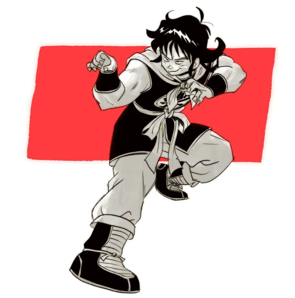 fanart of Yamcha from Dragon Ball with a red rectangle for a background.