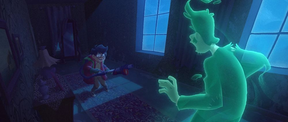 an illustration of a scared kid with a home-made ghostbuster device and a ghost that seems equally surprised