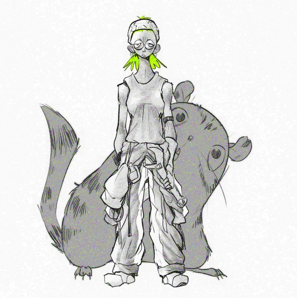 a woman with green hair holding a wrench with a huge mouse-like creature behind her