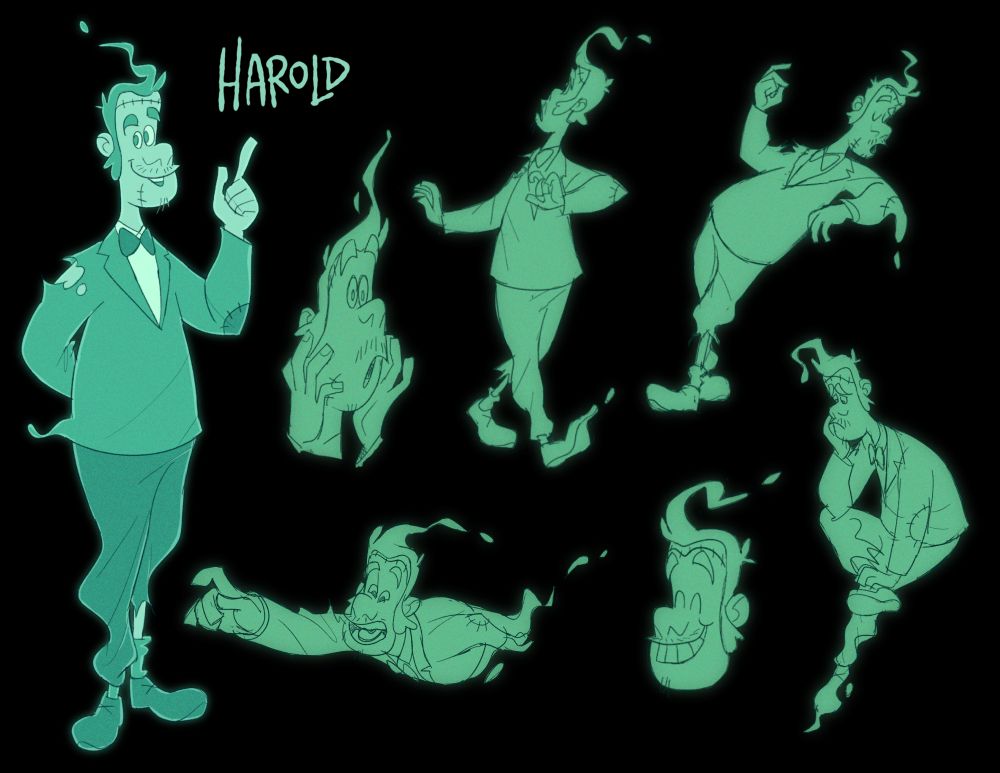 design and various poses of a ghost character called harold