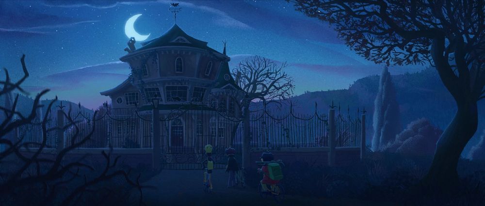 illustration of three kids riding bikes approaching the gate of a mansion at night.