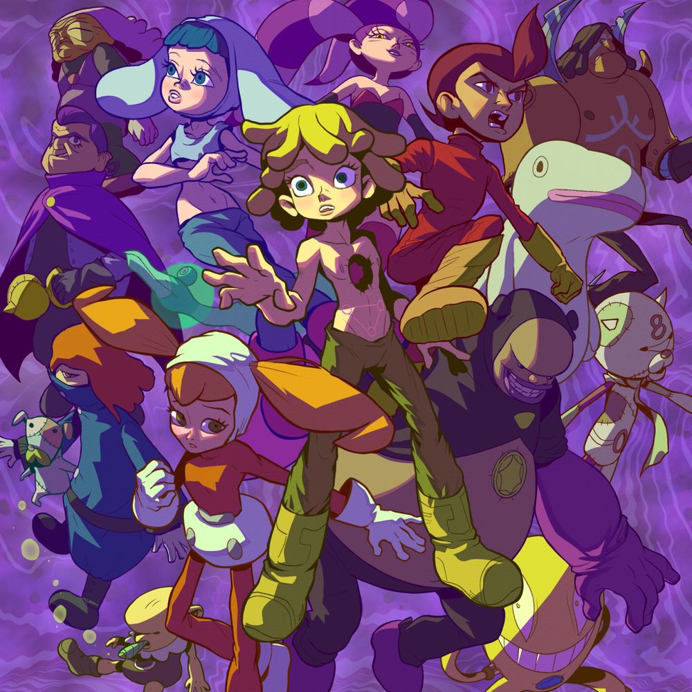 all the character from the anime series "Kaiba" floating in space