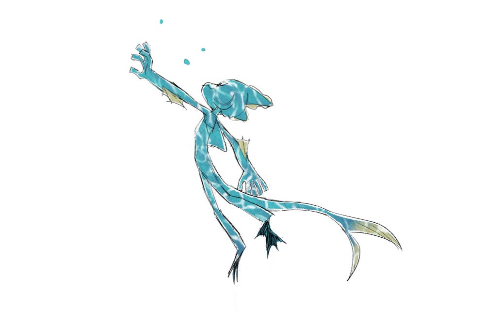 a human/fish hybrid creature with waves reflections on his skin