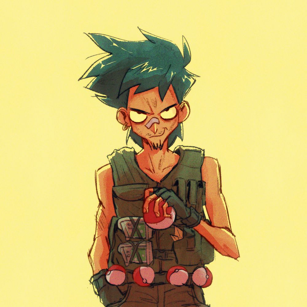 guy wearing millitary vest holding a pokeball, with some other pokeballs around his belt and two full-restores strapped to his vest.