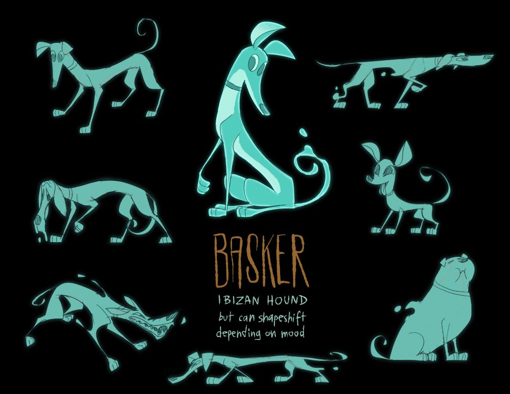 design a ghost dog and his different forms. the text reads: Basker, ibizan hound, but can shapeshift depending on mood.