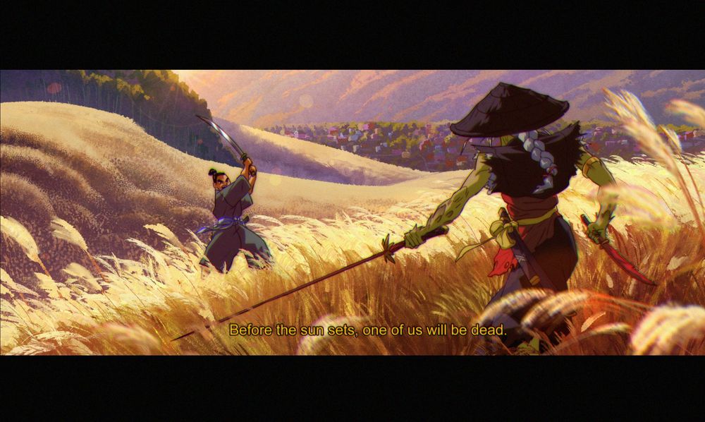 Two samurais in a wheat field. The caption says: "Before the sun sets, one of us will be dead."