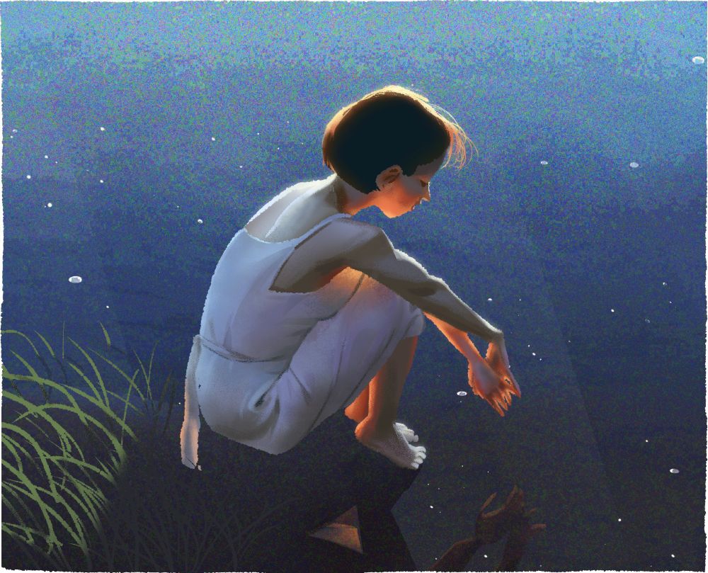 illustration of a woman sitting in front of a body of water