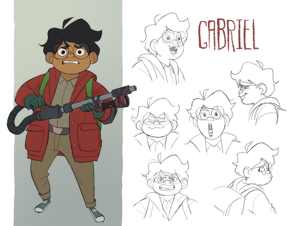 a character design of a young teenager holding some sort of home-made ghostbuster device + some of his expressions.