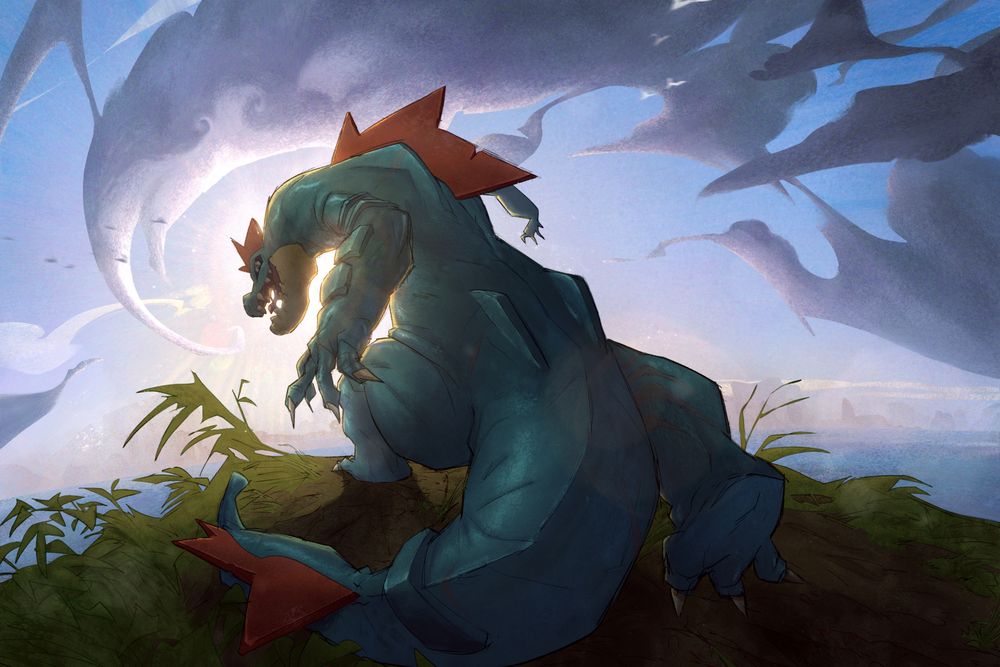 illustration of the pokemon "feraligatr" on a cliff in front of the sea with a partially cloudy sky.