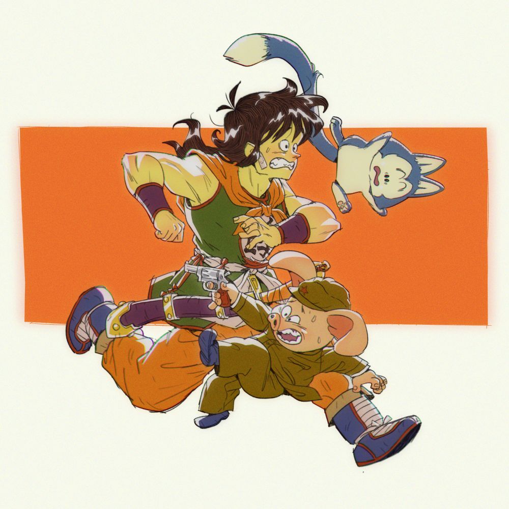 The characters Yamcha, Oolong and Puar from Dragon Ball running, with an orange rectangle background. Oolong has a gun.