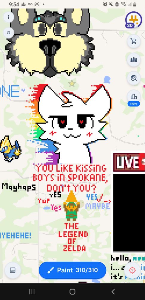 Pixel art of smug puppy with brushstroked pride flag behind him, "you like kissing boys in Spokane, dont you?" 