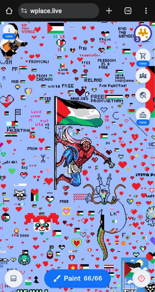 Pixel art of Spiderman with a Palestinian flag with hearts and more flags around it