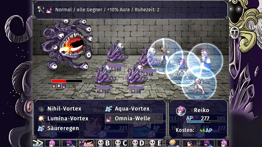 A party of heroes - a black-haired knight, a purple-haired huntress, a pink-haired mage and a blonde gunner - is facing multiple purple eldritch monsters featuring a lot of eyes and tentacles. The heroes are using magic bubbles as protection while the mage is looking for a spell to use.