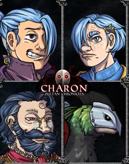 Upper Left: A man with light skin, brown eyes and blue hair in a purple robe. Part of the hair is styled over his left eye and he has a dorky evil smirk;
Upper Right: A teenager with light skin, greyish eyes and blue hair in a blueish robe. His hair is styled over his right eye and he is pouting;
Lower Left: An older gentleman with dark blue hair with grey strains and mighty beard. He has reddish pupils and fancy glasses and smirks evilly;
Lower Right: A chicken daemon with black and green feathers and an iron mask and green eyes.