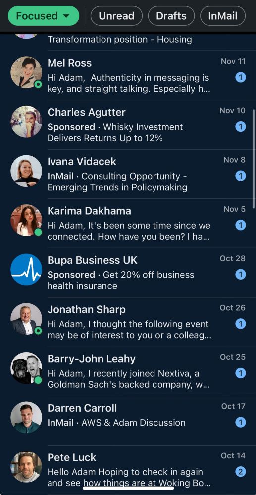 A screenshot of a LinkedIn inbox with all the messages as unsolicited sales pitches 