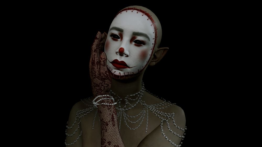 a portrait of a bald half-elf, adorned with pearls and lace. her makeup mimics a mask of her face, peeled off and stitched back onto her head.