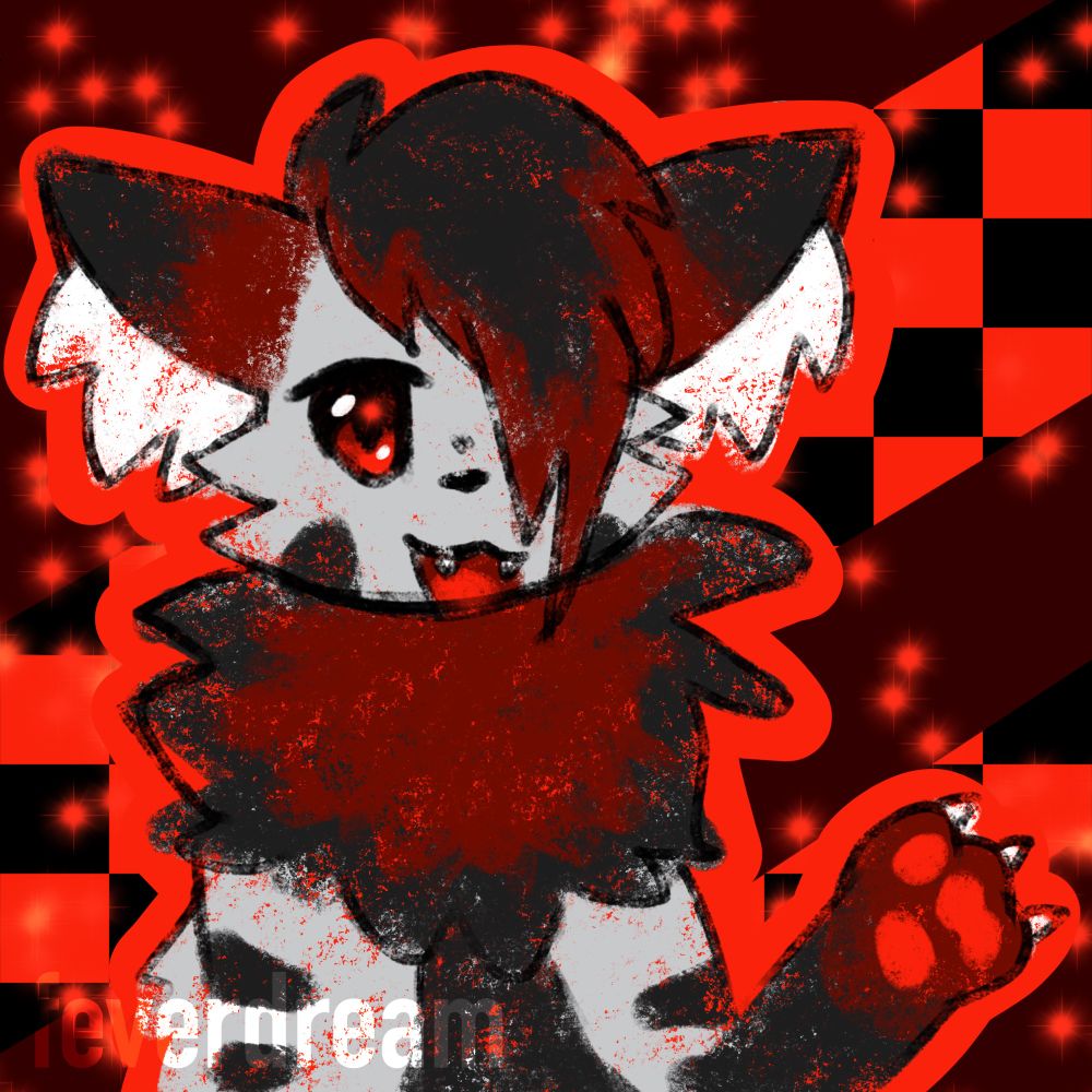 Light gray cat, with dark red and darker gray markings. Is sitting with only top half seen raising a paw with has claws extended out and bright red toe beans. The cat is smiling with their mouth open, which is also bright red, with two teeth showing. They have big hair covering one eye and the exposed eye is also bright red with a sparkle in it. Their ears are tilted with bright white ear fluff coming out of them. The style in general is scribbly and patchy like crayon, then the character has a bright red outline behind it that is solid and goes under the patchy color leaving red spots all over. The background is a bright red and black checkerboard pattern with dark red stripes and bright sparkles on top. The style is supposed to mimic older art and being a sense of nostalgia.